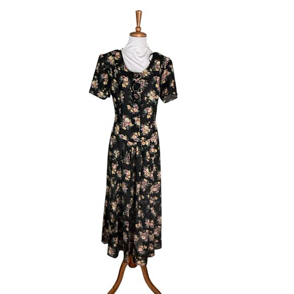 Vintage 1990s Floral Button Front Tie back Cottagecore Maxi Dress L - Picture 5 of 9